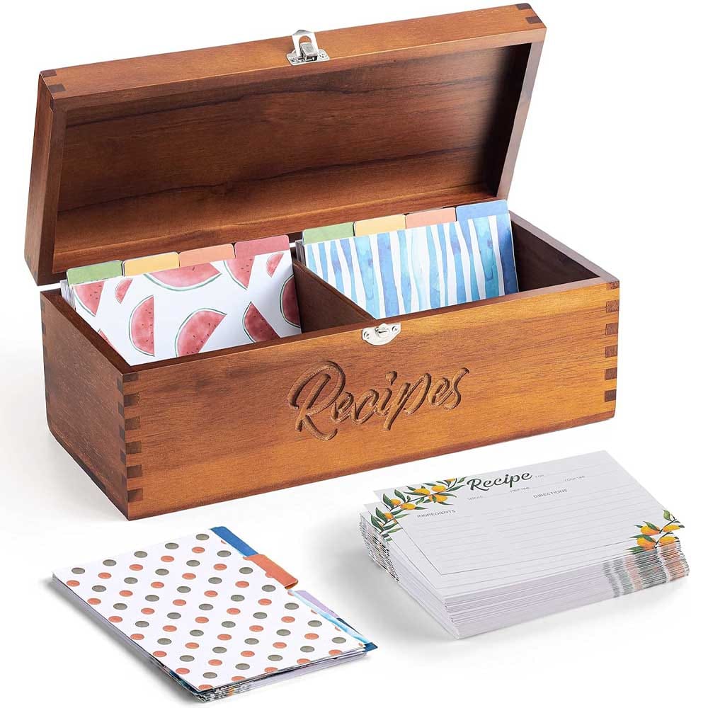 Acacia Wood Recipe Box with Cards - Hand Written Card